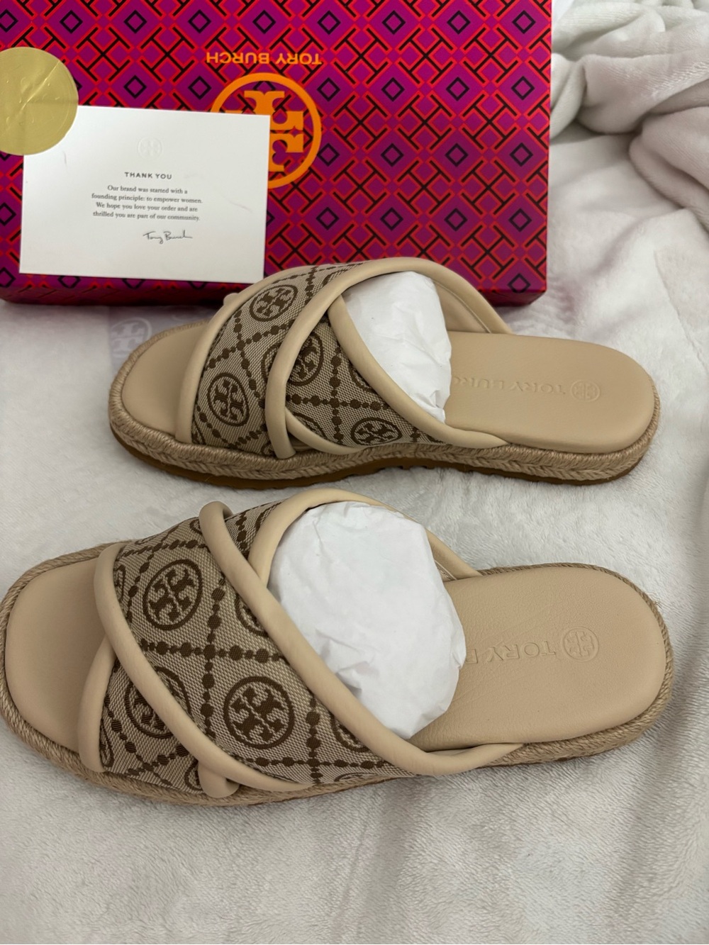Tory Burch Beige Monogram Espadrille Slide Sandals